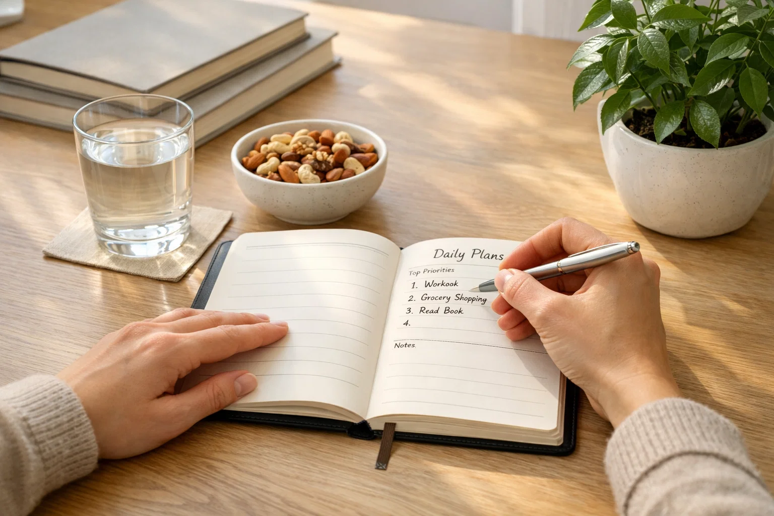 minimalist workspace with a journal, cup of tea, and green plant on a clean wooden table, natural daylight, lifestyle photography