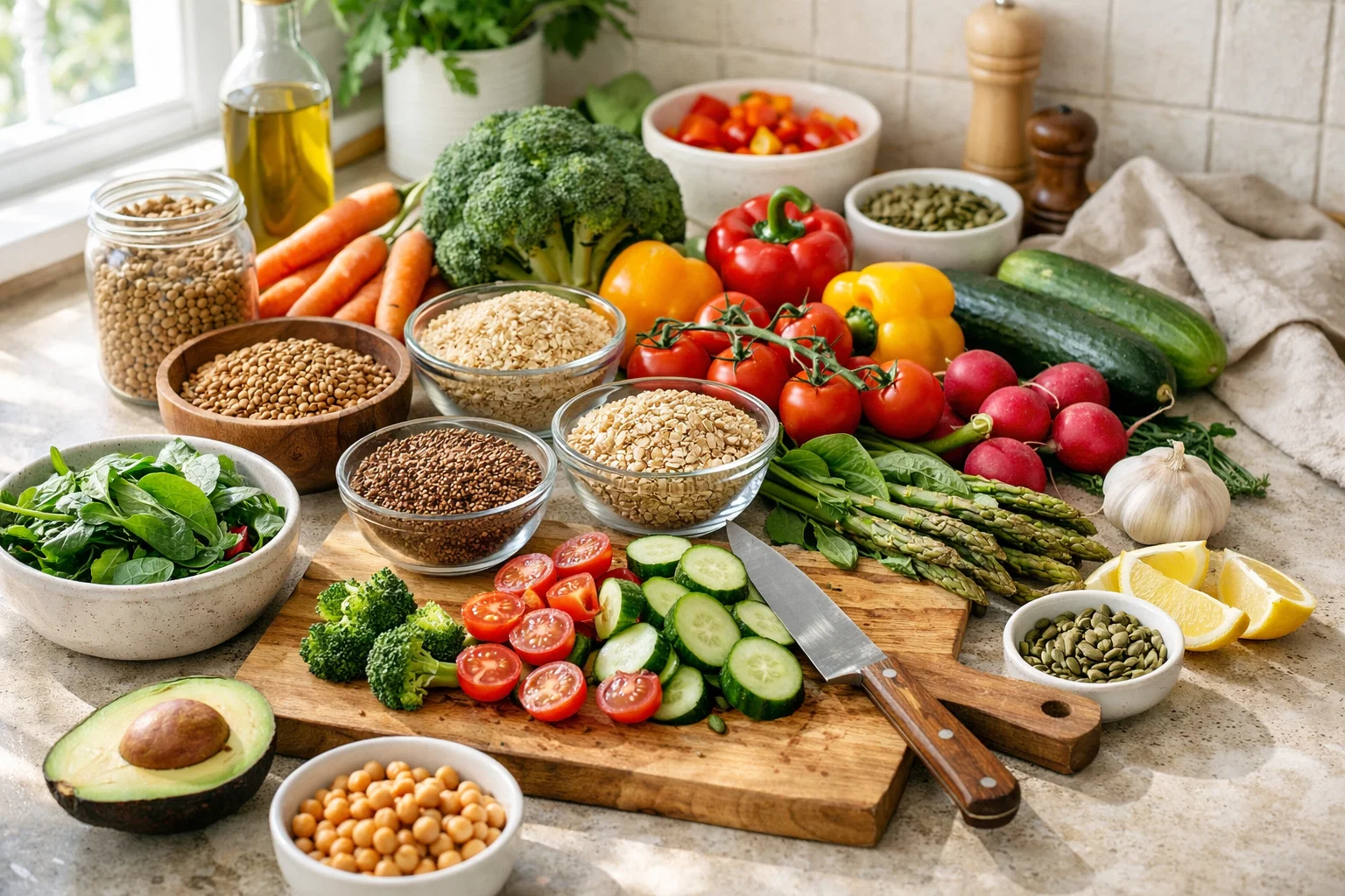 fresh vegetables and whole grains arranged on a kitchen counter, mindful meal preparation, bright natural light, lifestyle photography